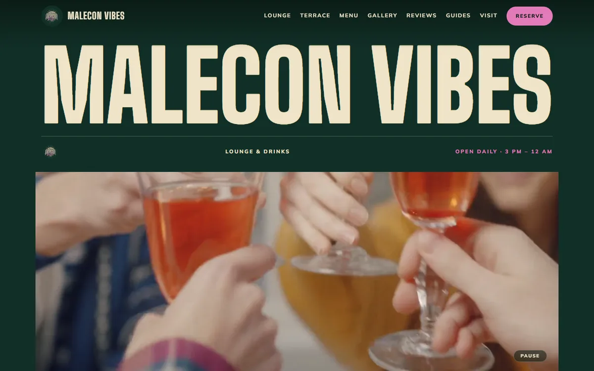 The Malecon Vibes website: the lounge's name over a film of drinks being raised